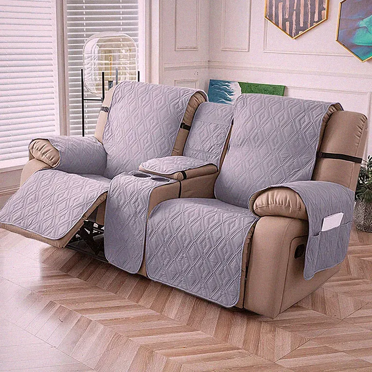 100% waterproof recliner cover double with center console, strap design