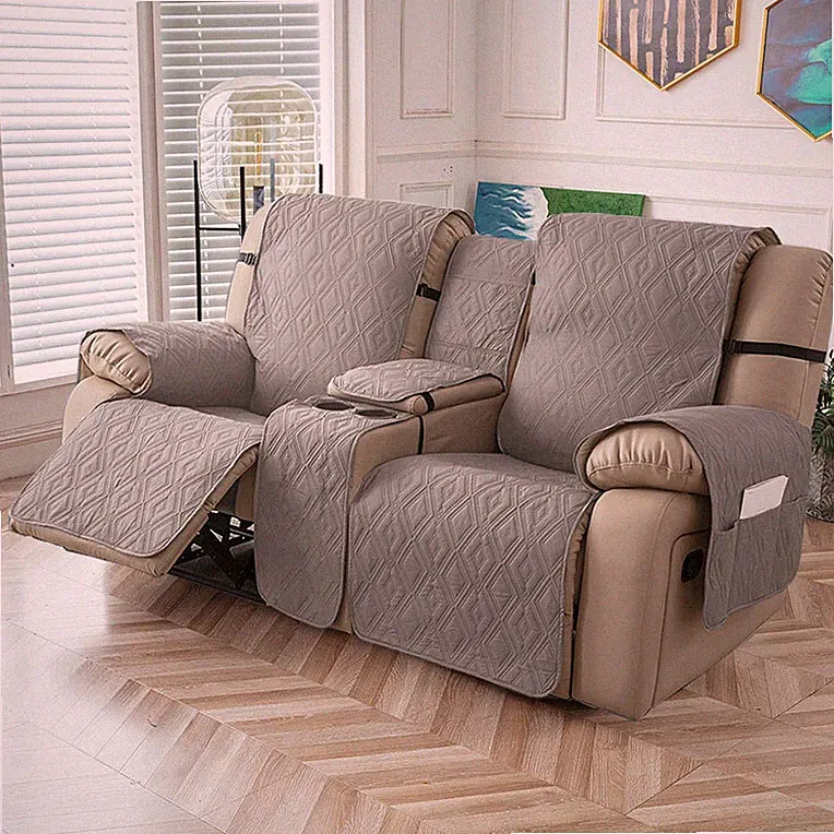 100% waterproof recliner cover double with center console, strap design