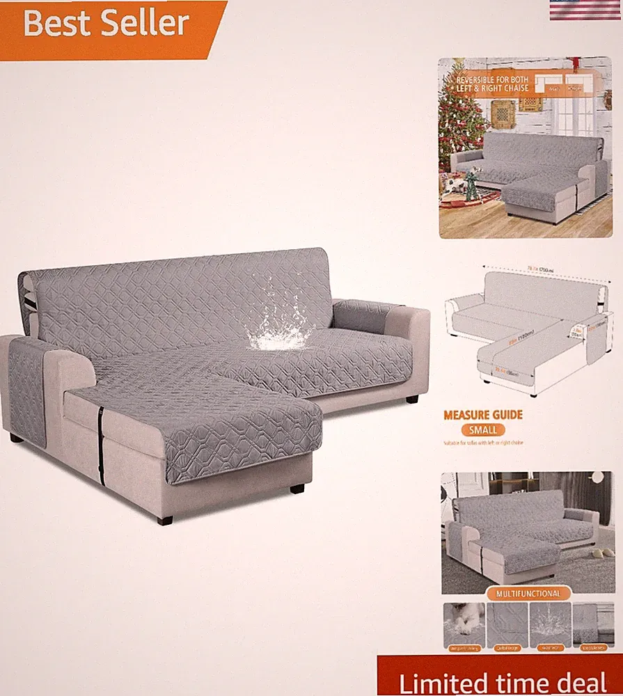 100% Waterproof Reversible Slipcover for L-Shaped Sectional Sofas - Light Gray