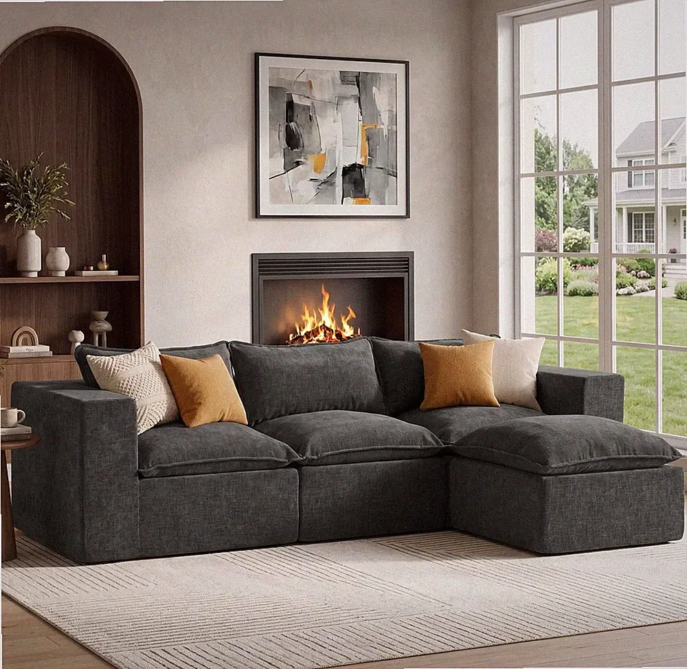 101" Boneless Cloud L-Sectional Sofa w/ Ottoman Modular Sleeper Dark Grey