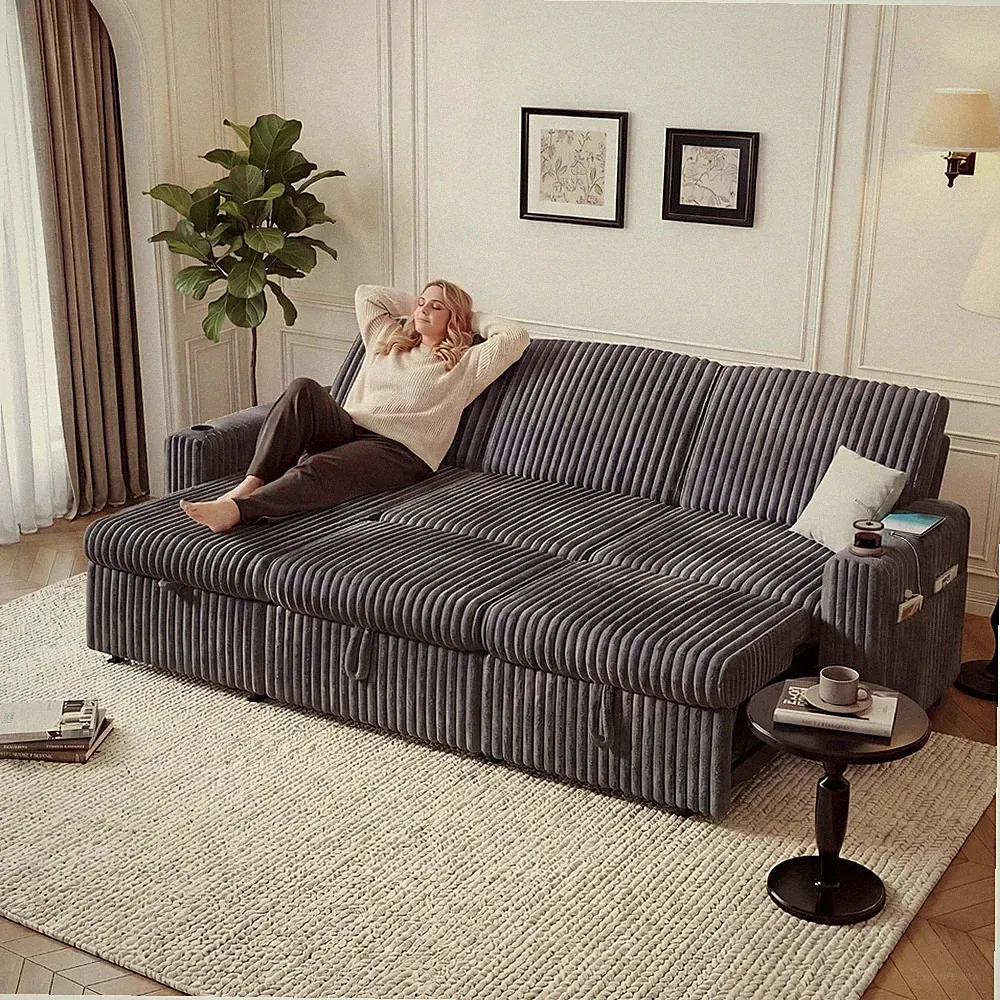 101" Sectional Sleeper Sofa with Pull Out Bed,5-Level Adjustable Backrest