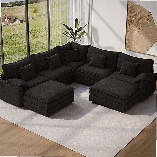 101" V-Shaped Corner Couch Sectional, 7 Seat Cloud Sofa, Black