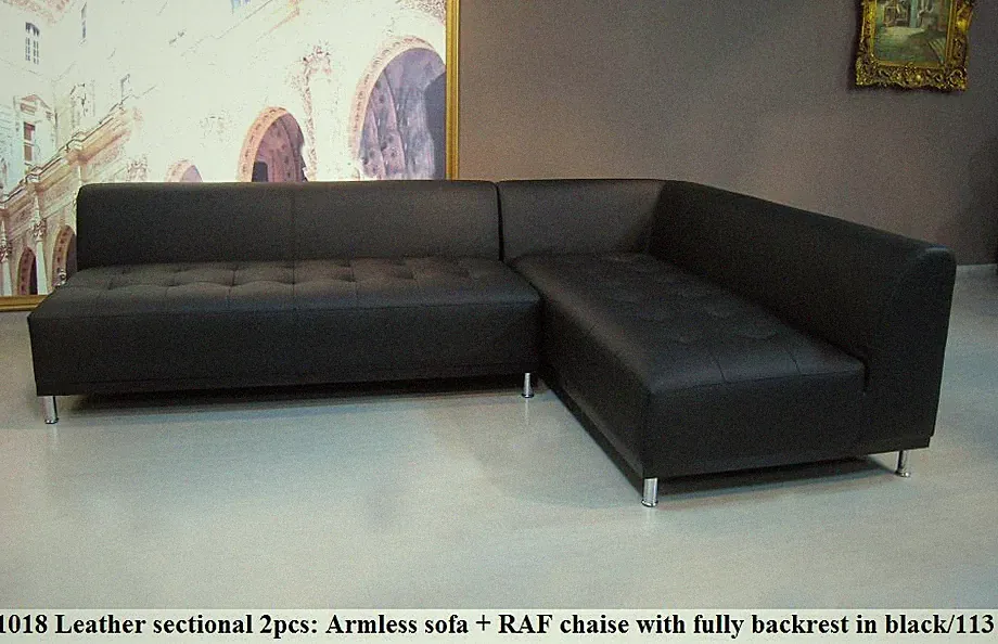 #1018 Modern design black leather sectional chaise + sofa with fully backrest