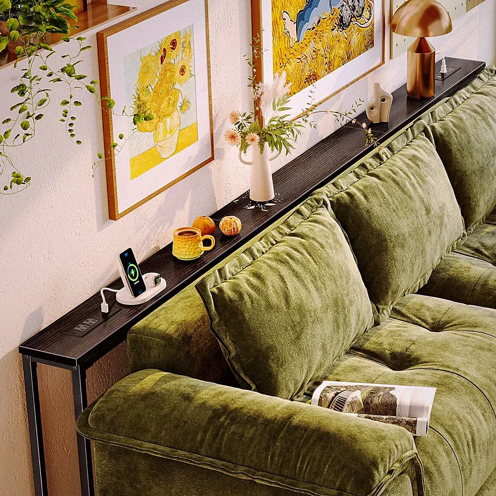 102.4" Black Behind Couch Table with Power Outlets & USB-C Ports