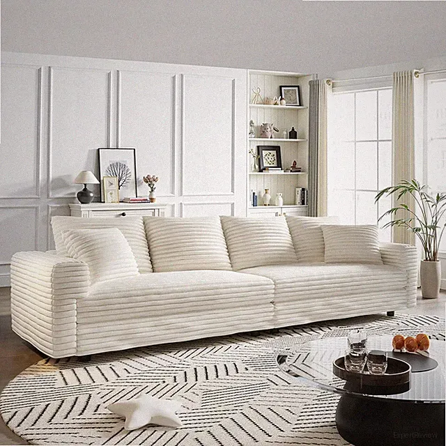 102.4" Cloud Sectional Couch Deep Seat Plush Corduroy Sofa W/6 Soft Pillows
