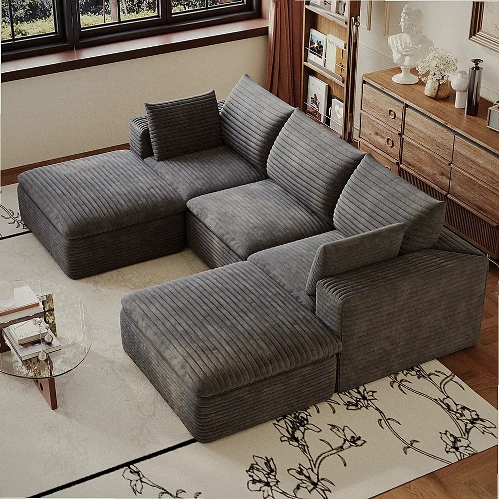 102" Boneless Cloud Modular Sectional Sofa U-Shape Corduroy Couch with 2 Ottoman