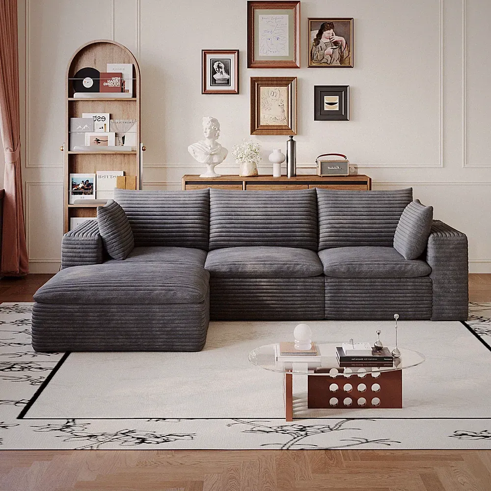 102" Boneless Couch Cloud Sectional Sofa L-Shape Corduroy Sofa Couch w/Ottoman