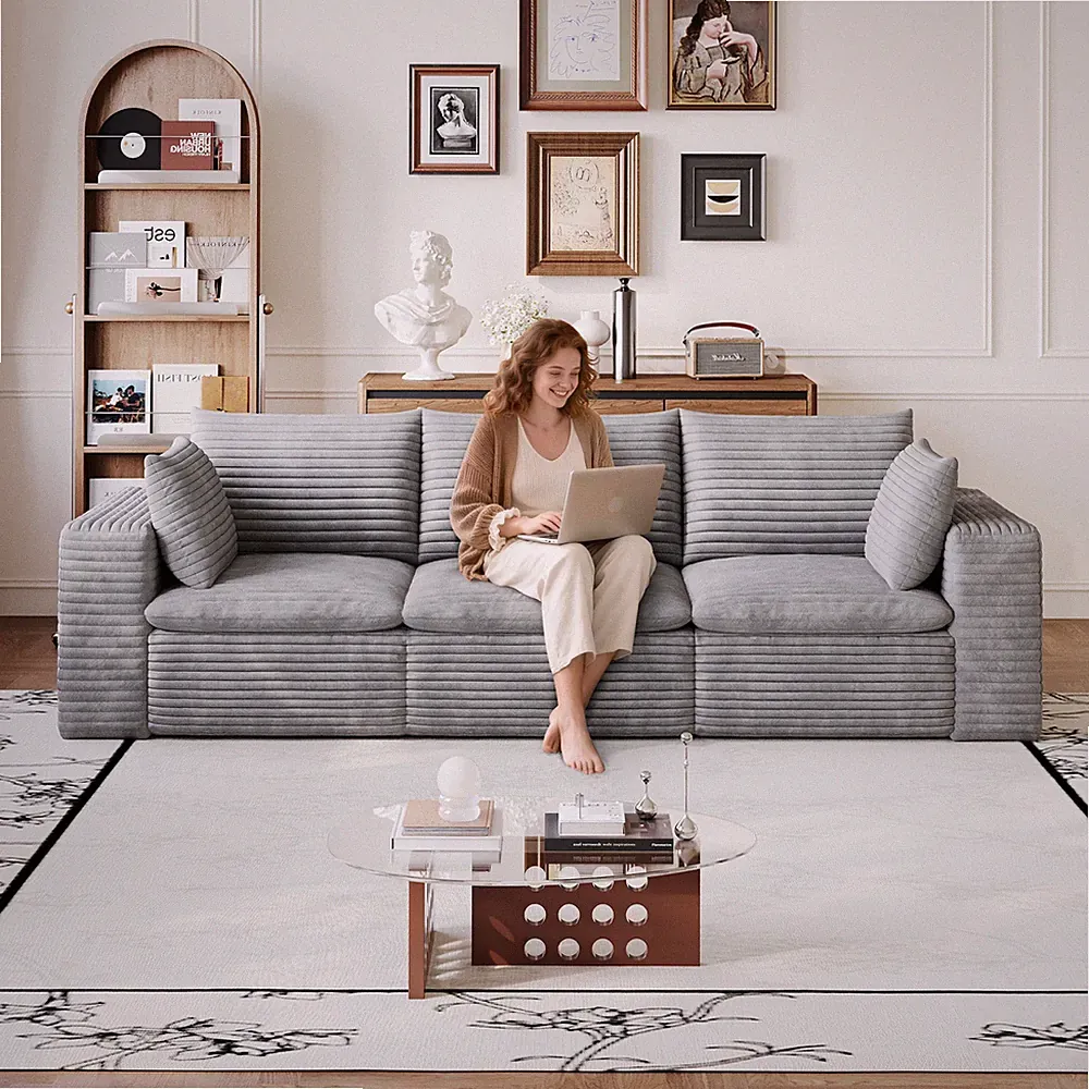 102" Cloud Sofa, Corduroy Fabric, Deep Seat, Modular, Removable Cushion, Grey