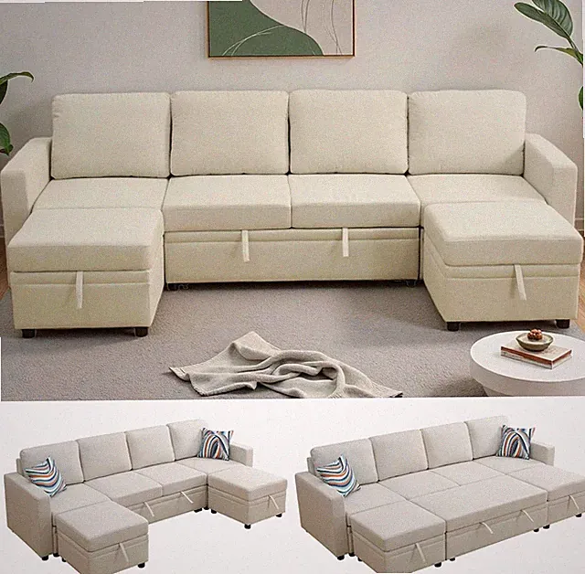 102" Convertible Pull-Out Sofa Bed with Ottoman Storage - Modern Off-White Couch