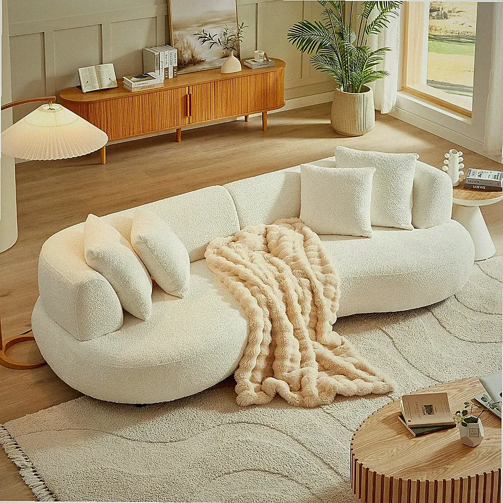 102" Curved Oversized Boucle Modular Sectional Sofa with 4 Throw Pillows, Mid-Ce