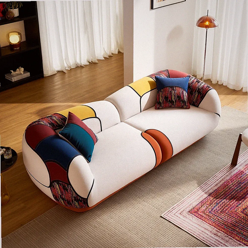 102 Inch Curved 4‑Seater Cloud Chenille Sofa Bohemian Pillows Living Room Couch