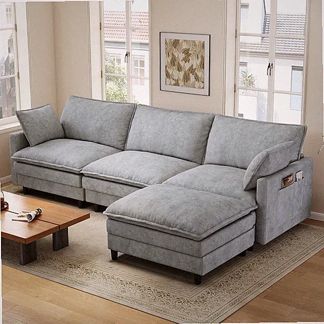 102" L-Shaped Modular Sectional Sofa, 3-Seater Cloud Couch with Movable Ottoman