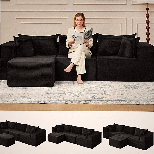 102" L Shaped Modular Sectional Sofa Ottoman Corduroy Black No Assembly