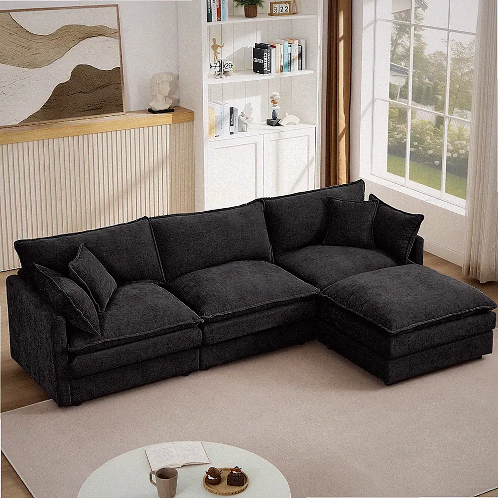 102" L-Shaped Modular Sectional Sofa w/ Ottoman,Chenille 3-Seater Cloud Couch