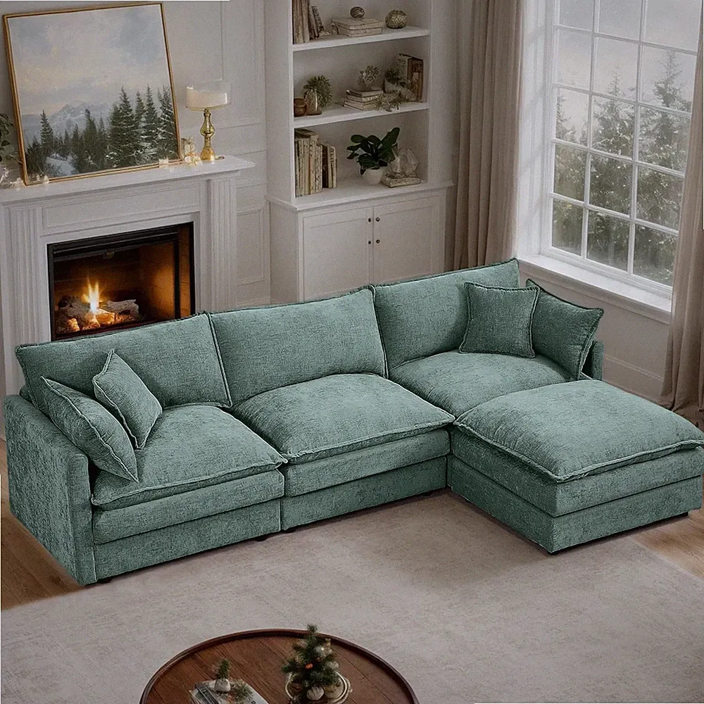 102" Modular Sectional Sofa with Ottoman, 3-Seater L Shape Upholstered Cloud Cou