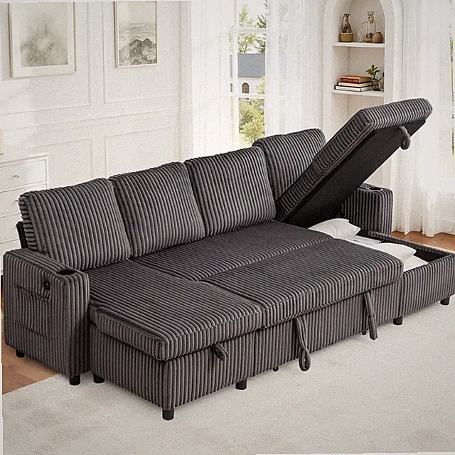 102in Plush Corduroy Sleeper Sofa Bed w/ Storage Chaise Sectional Couch,Pull Out