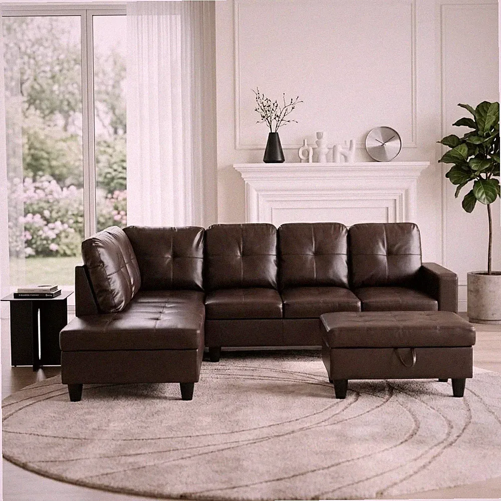 103.5 Inch L-Shape Sofa with Storage Ottoman, Leather Sectional Couch with Chais