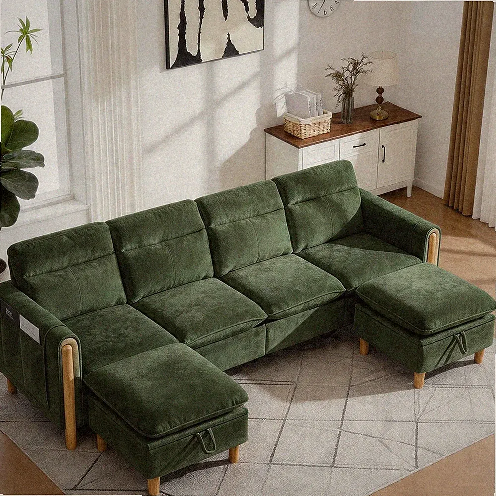 103" 6-Seater Sectional Sofa Couch with Ottoman, Modern U-Shape Chenille Sofa wi