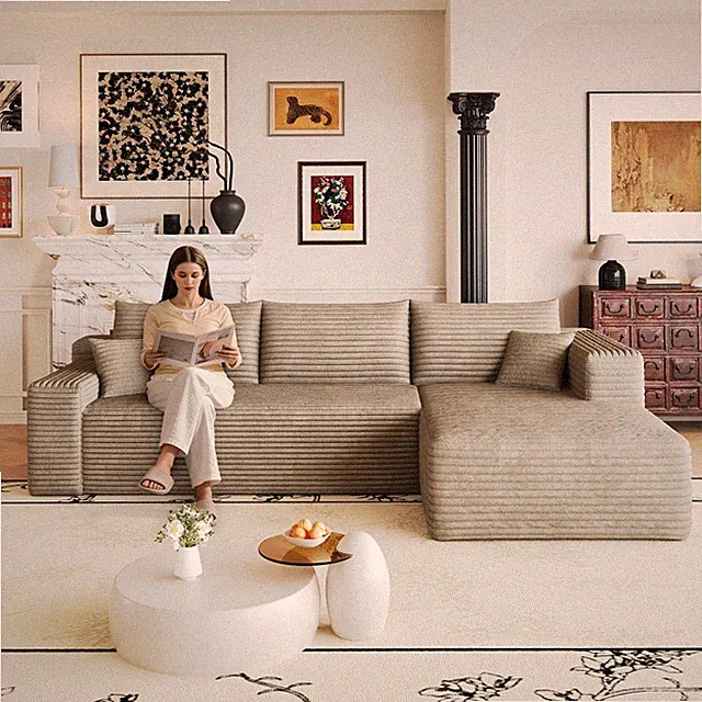 103" Boneless Cloud Sofa L-Shape Corduroy Sectional Couch w/ Right Chaise, Camel