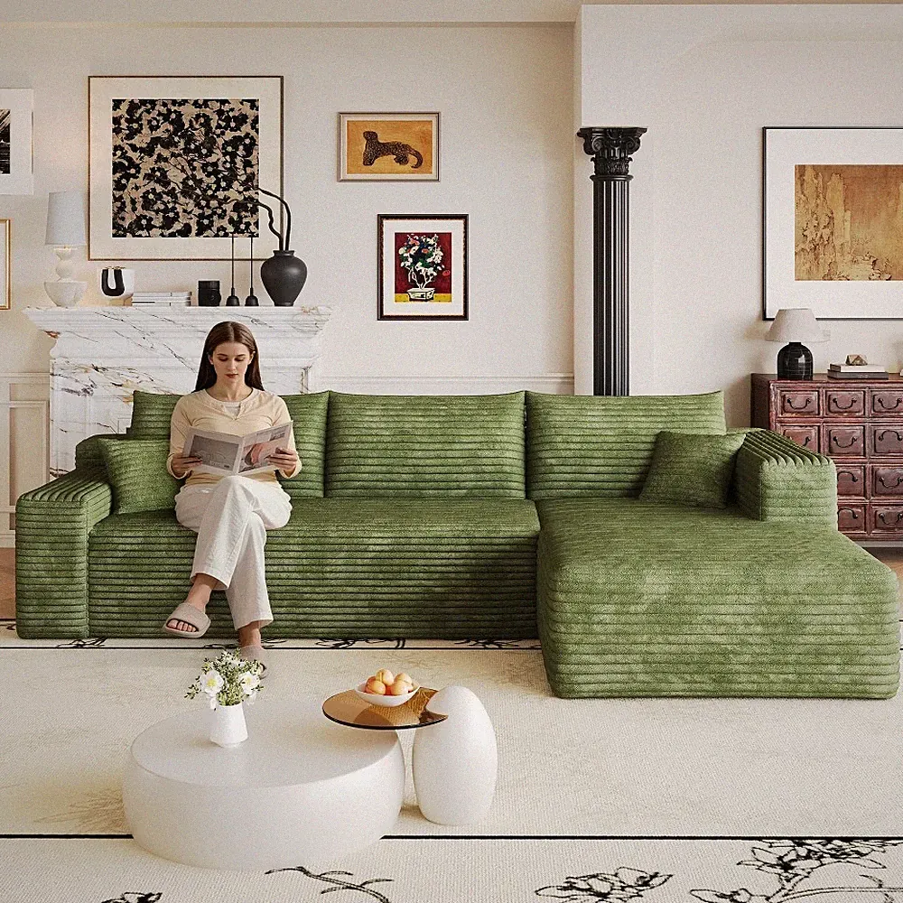 103" Boneless Cloud Sofa L-Shape Corduroy Sectional Couch w/ Right Chaise, Green