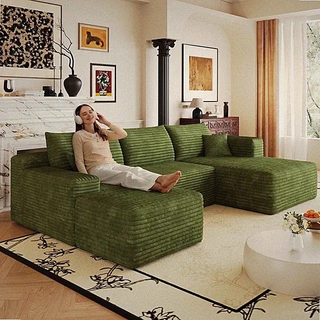 103" Cloud Sectional Sofa, L-Shaped, Green Corduroy, No Assembly