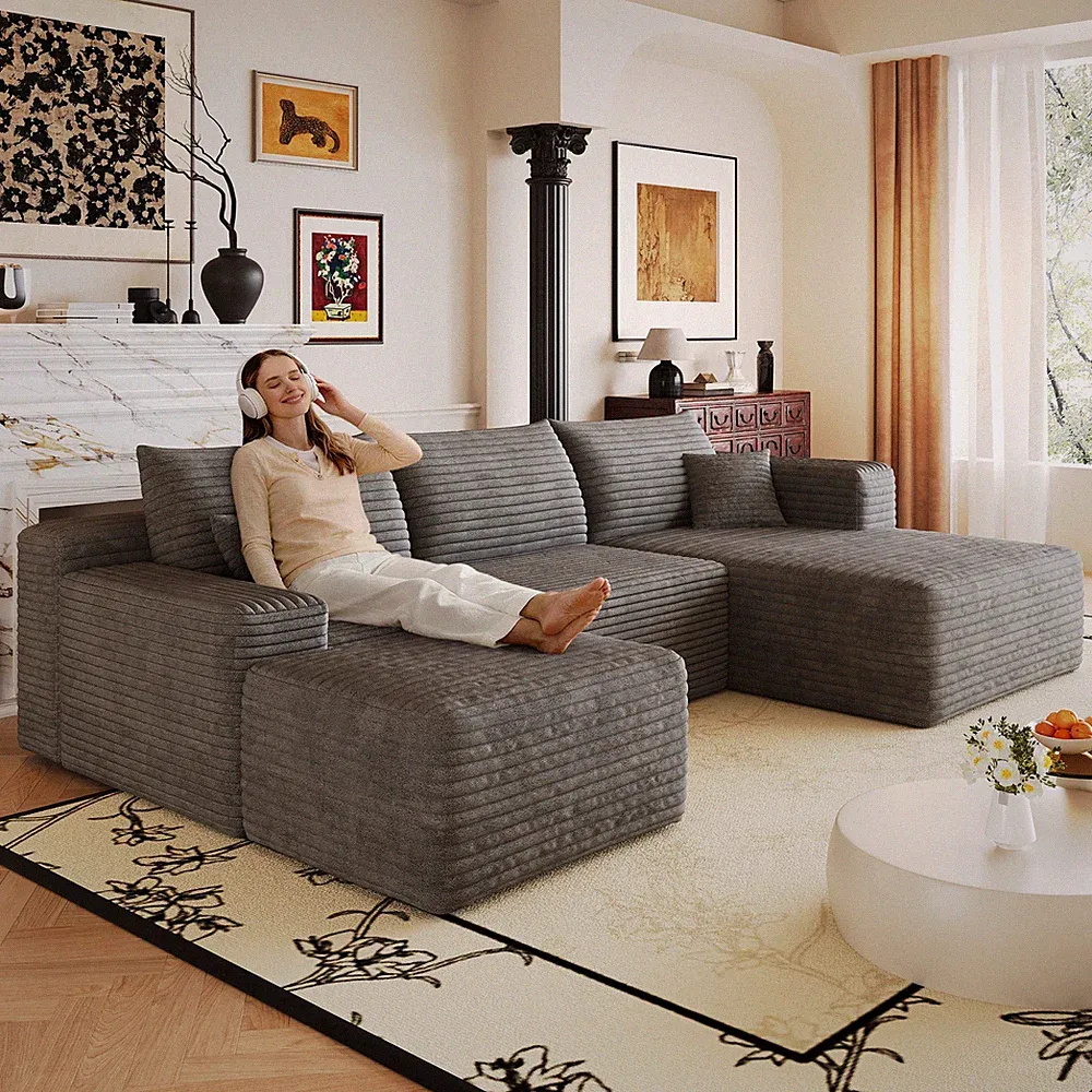 103" Cloud Sectional Sofa, Minimalist L-Shaped Couch, Plush Corduroy, Dark Grey