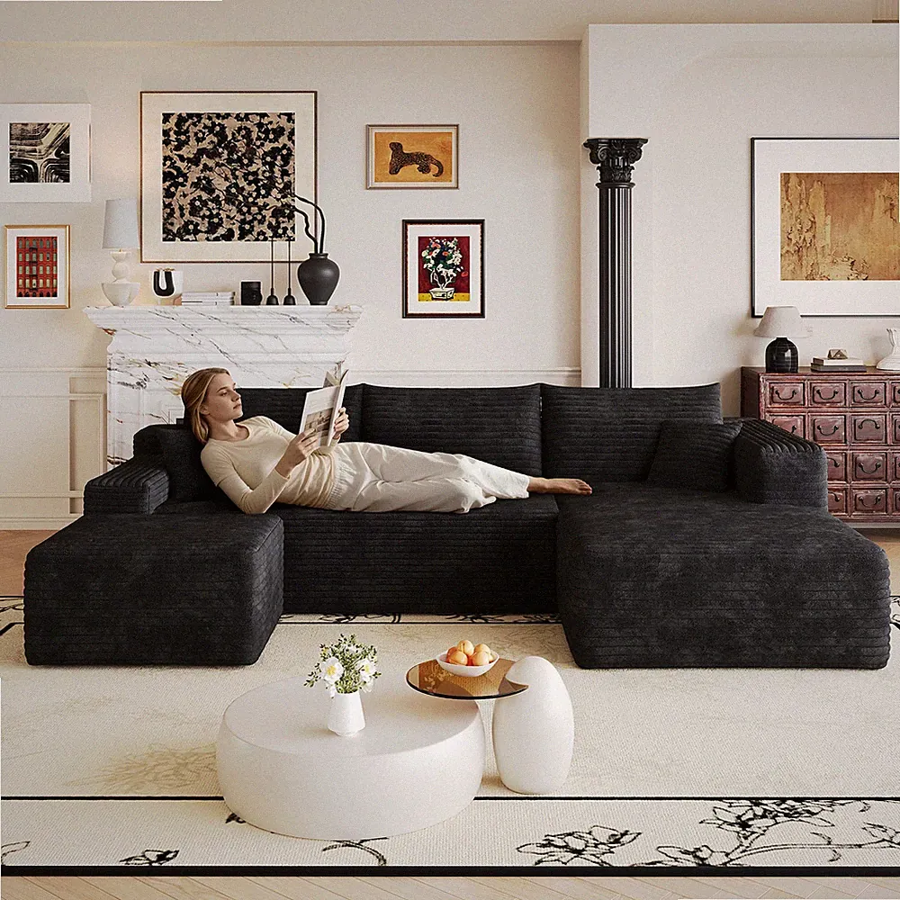 103" Cloud Sectional Sofa, Modern Minimalist L-Shaped Couch, Black Corduroy