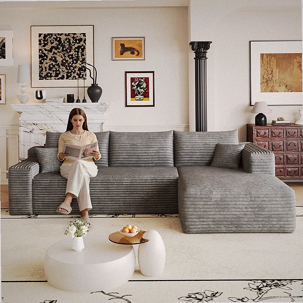 103" Cloud Sectional Sofa, Modern Minimalist L-Shaped Couch, Dark Grey Corduroy