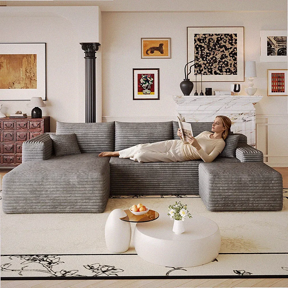 103" Cloud Sectional Sofa, Modern Minimalist L-Shaped Couch, Dark Grey Corduroy