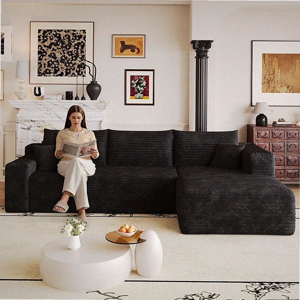 103" Cloud Sectional Sofa Plush Corduroy L-Shaped Chaise Lounge Black