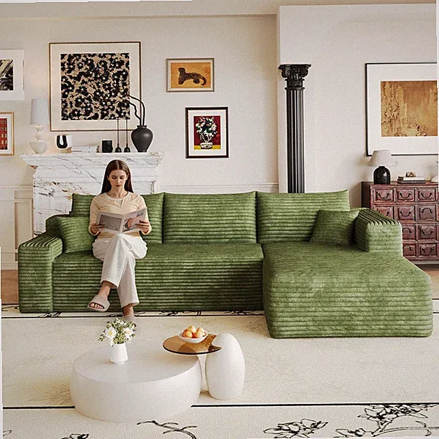 103" Green Cloud Sectional Sofa, Plush Corduroy Fabric, No Assembly Required