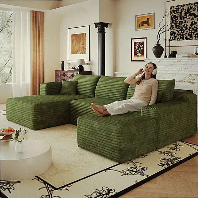 103" Green Plush Corduroy Cloud Sectional Sofa, L-Shaped, No Assembly Required