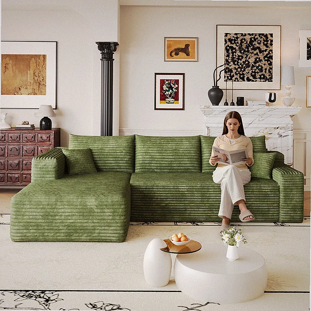 103" L-Shaped Cloud Sectional Sofa, Plush Corduroy, Green, No Assembly Required