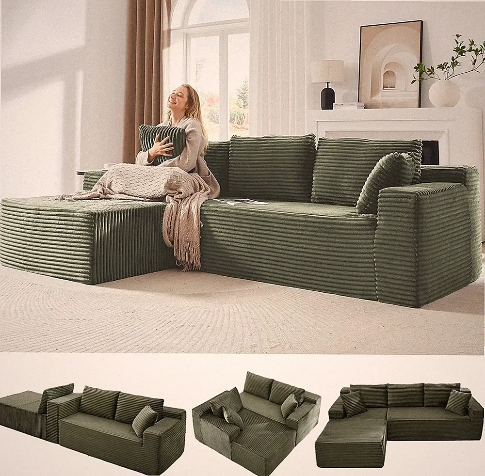 103" L Shaped Corduroy Cloud Couches with Chaise Comfy Sectional Boneless Sofa