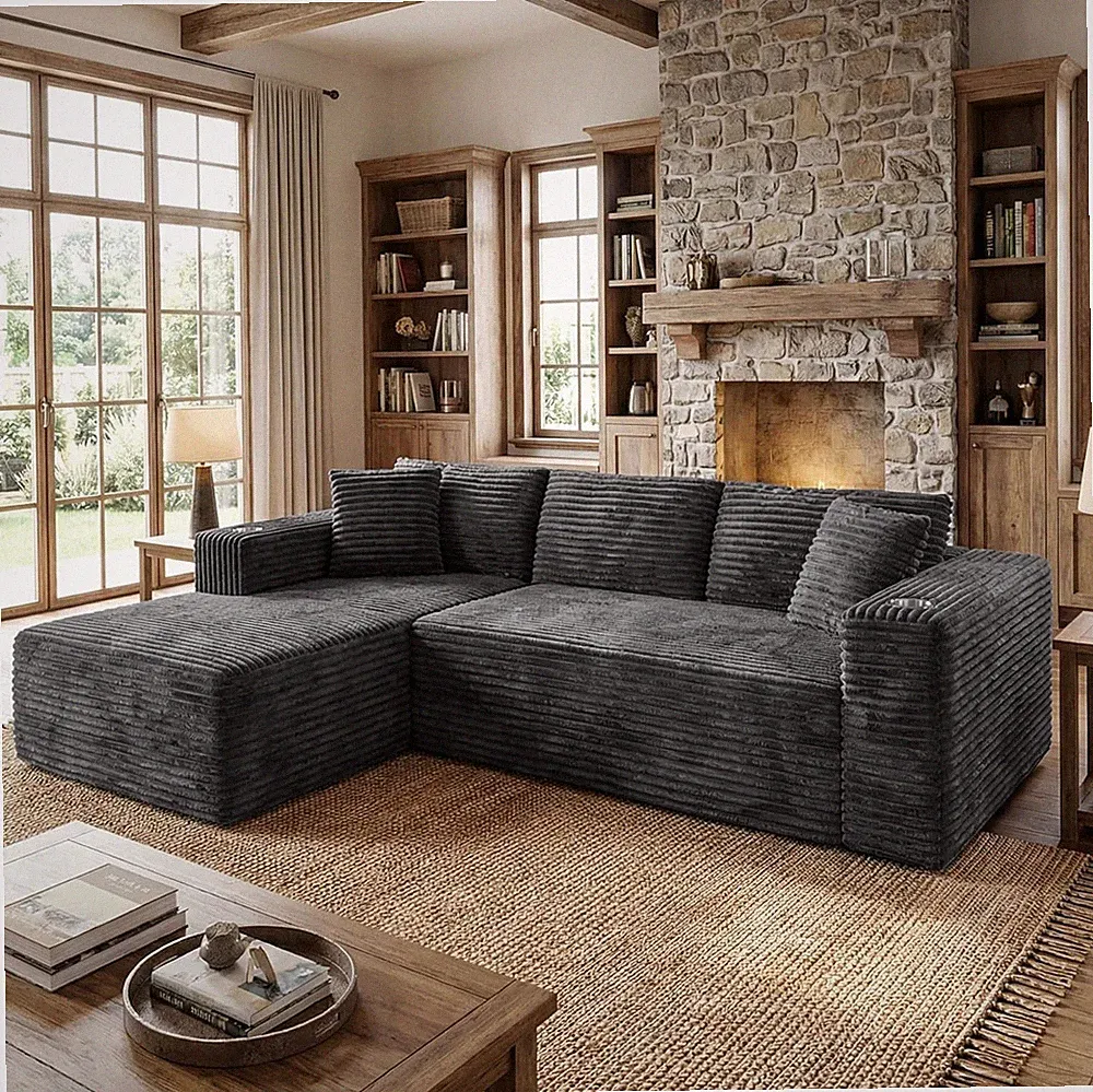 103" L-Shaped Modular Sofa Set with Cup Holders - Dark Gray Plush Corduroy