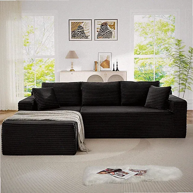 103" L Shaped Sectional Sofa Black Corduroy Oversized Deep Seat Cloud Couch