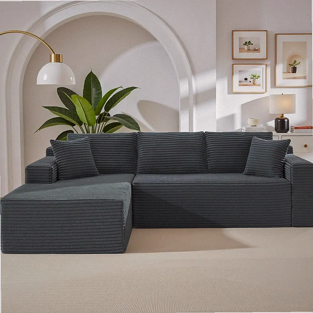 103" L Shaped Sectional Sofa Black Corduroy Oversized Deep Seat Cloud Couch