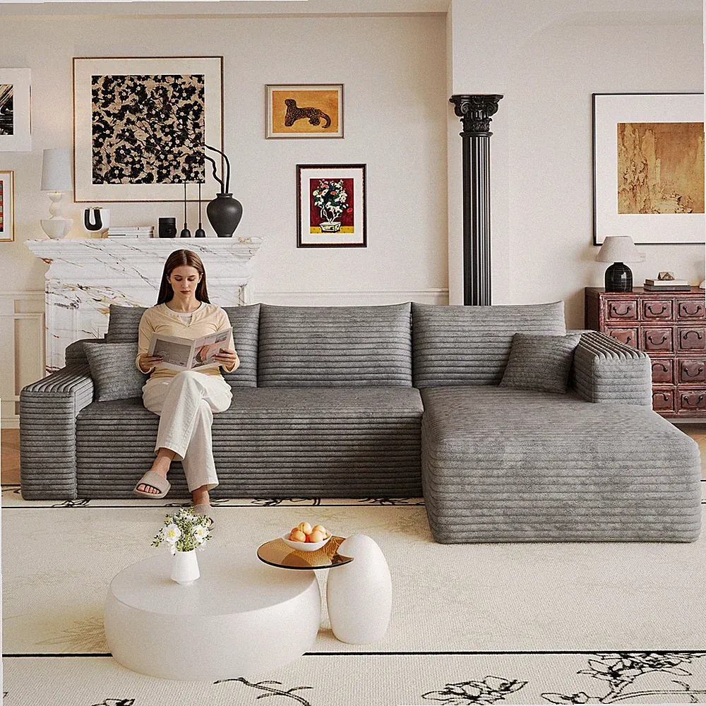 103" L-Shaped Sectional Sofa, Dark Grey Plush Corduroy, No Assembly