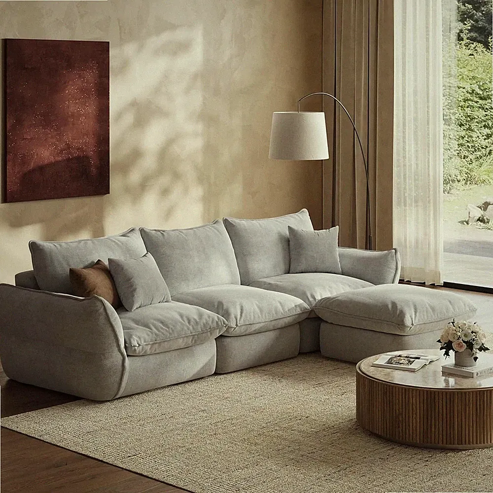103" L-Shaped Sectional Sofa Deep Seat Feather Filled Cloud Couch Modern Gray