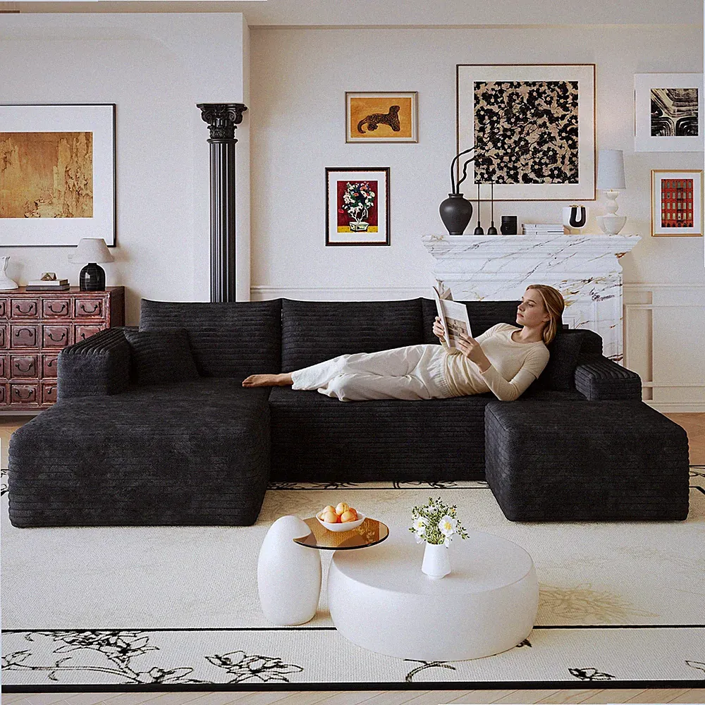 103" L-Shaped Sectional Sofa, Plush Corduroy Fabric, Black, No Assembly