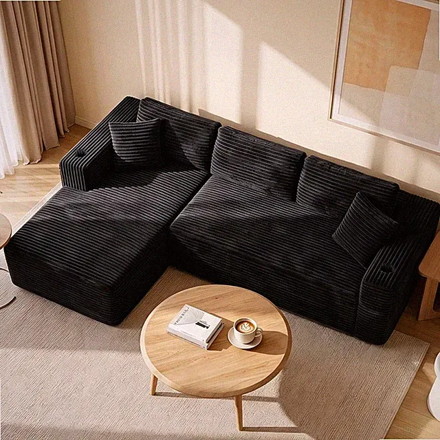 103" Modular Black Corduroy Sofa with Chaise & Cup Holders, No Assembly Needed
