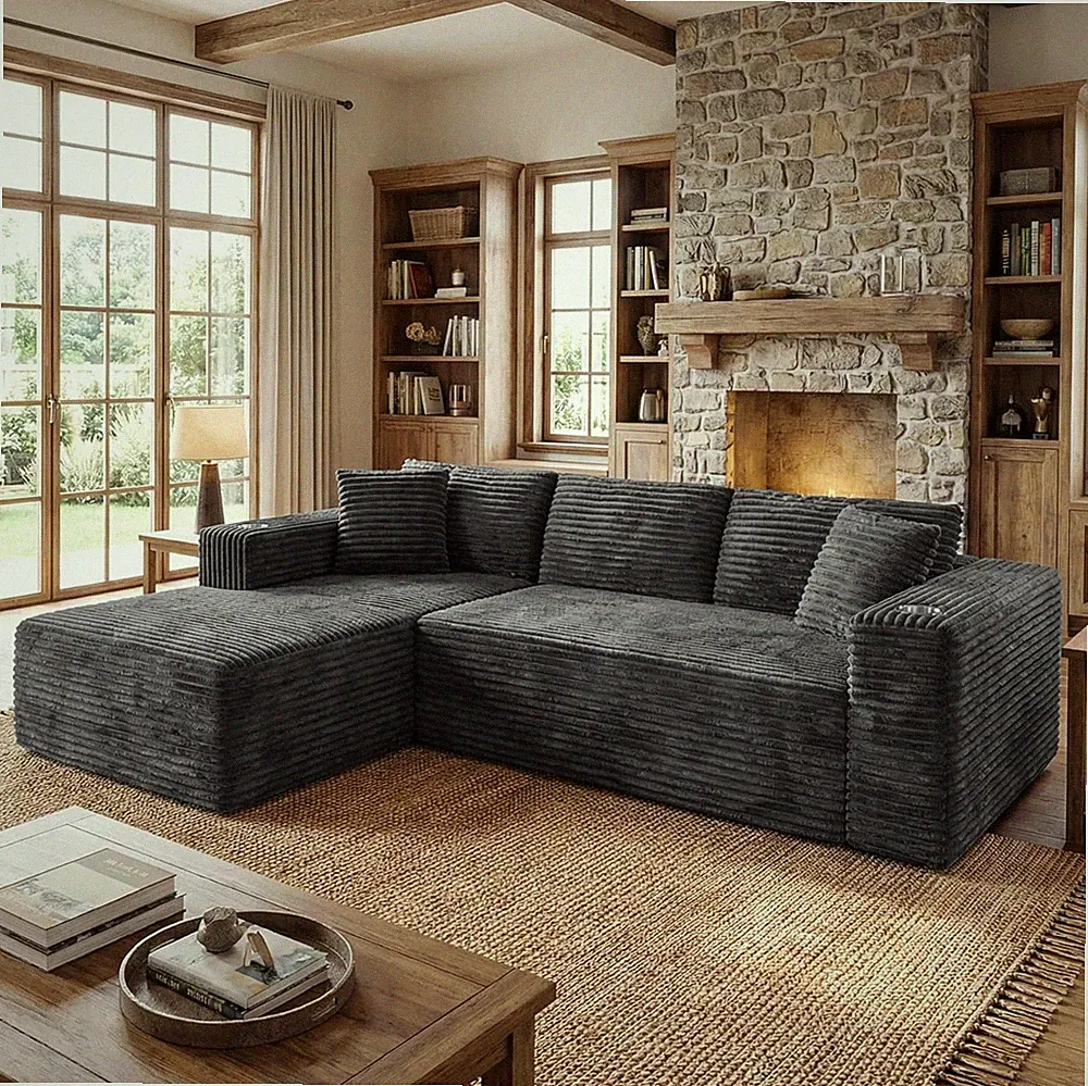 103" Modular Sectional Sofa L Shape Boneless Couch Corduroy Living Room Gray
