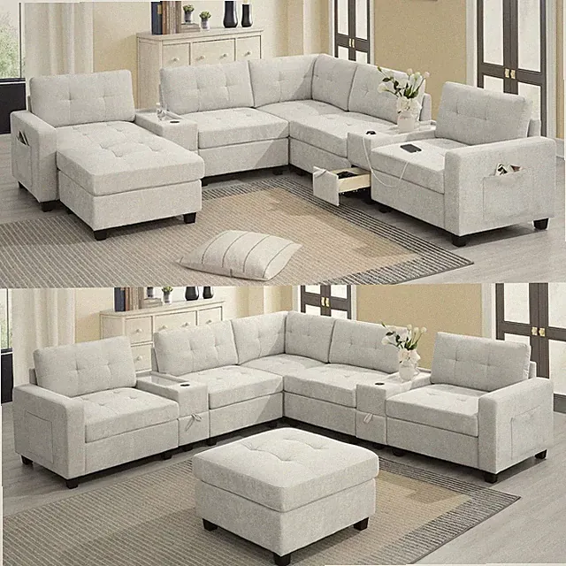 103'' Sectional Sofa with 2 Acrylic Consoles, Oversized U Shaped Couch Set with
