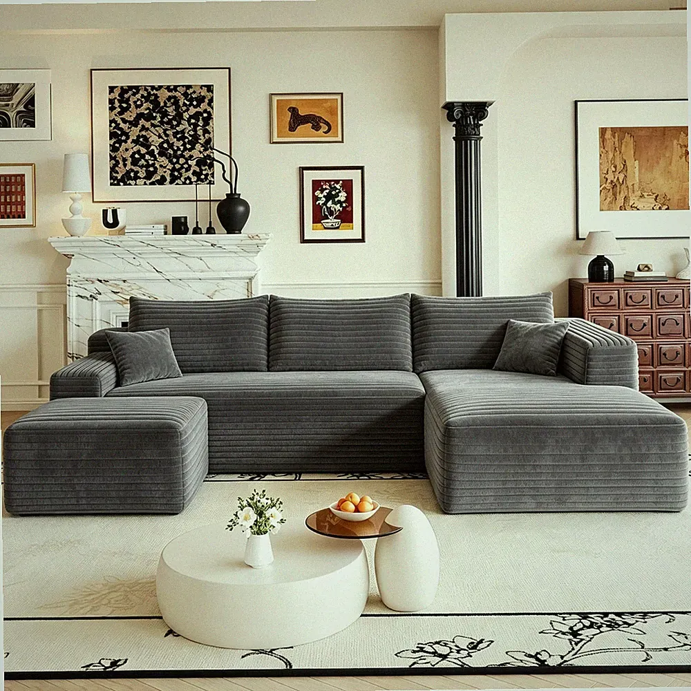 103" U Shaped Boneless Couch Right Chaise Sectional Foam Cloud Sofa with Ottoman