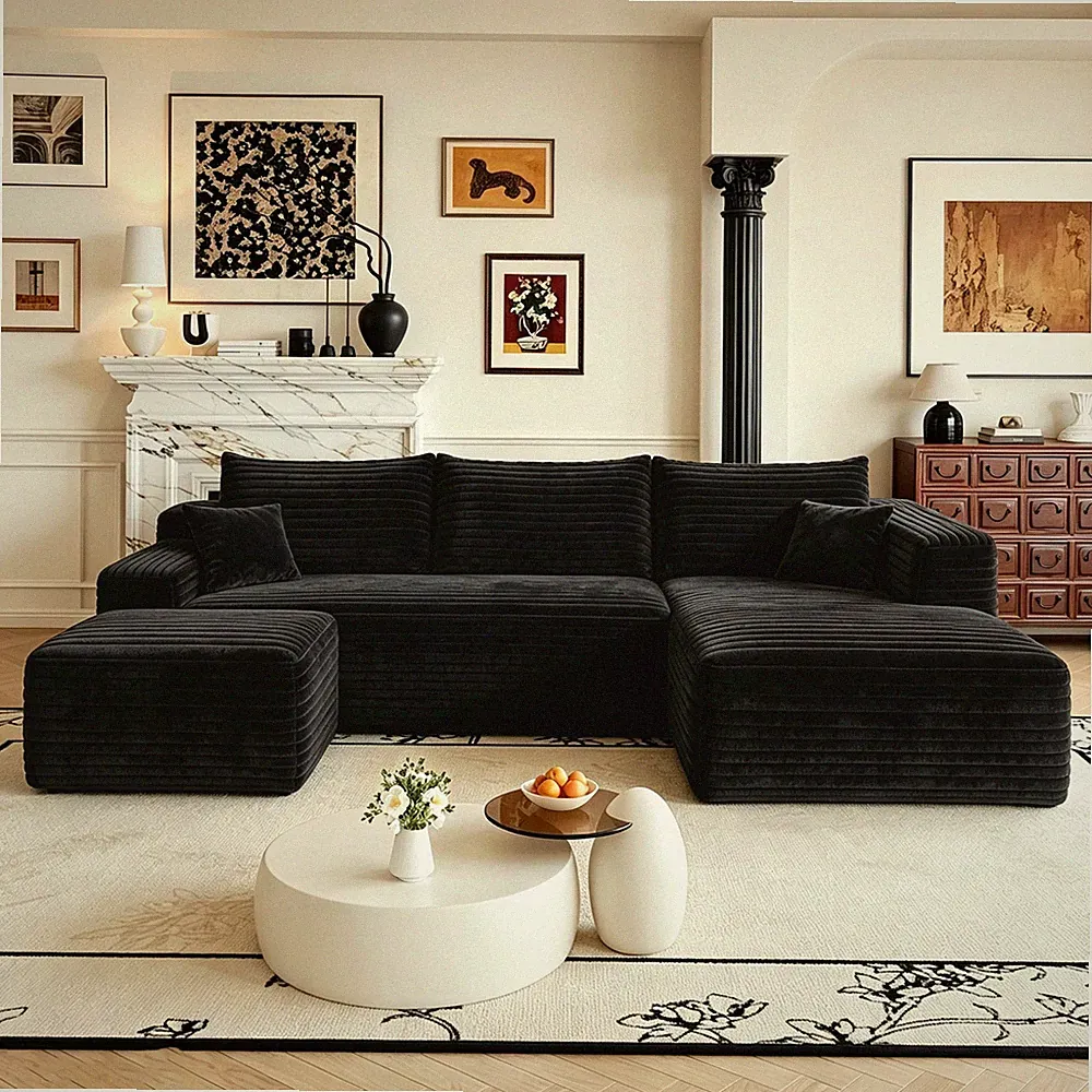 103" U Shaped Boneless Couch Right Chaise Sectional Foam Cloud Sofa with Ottoman