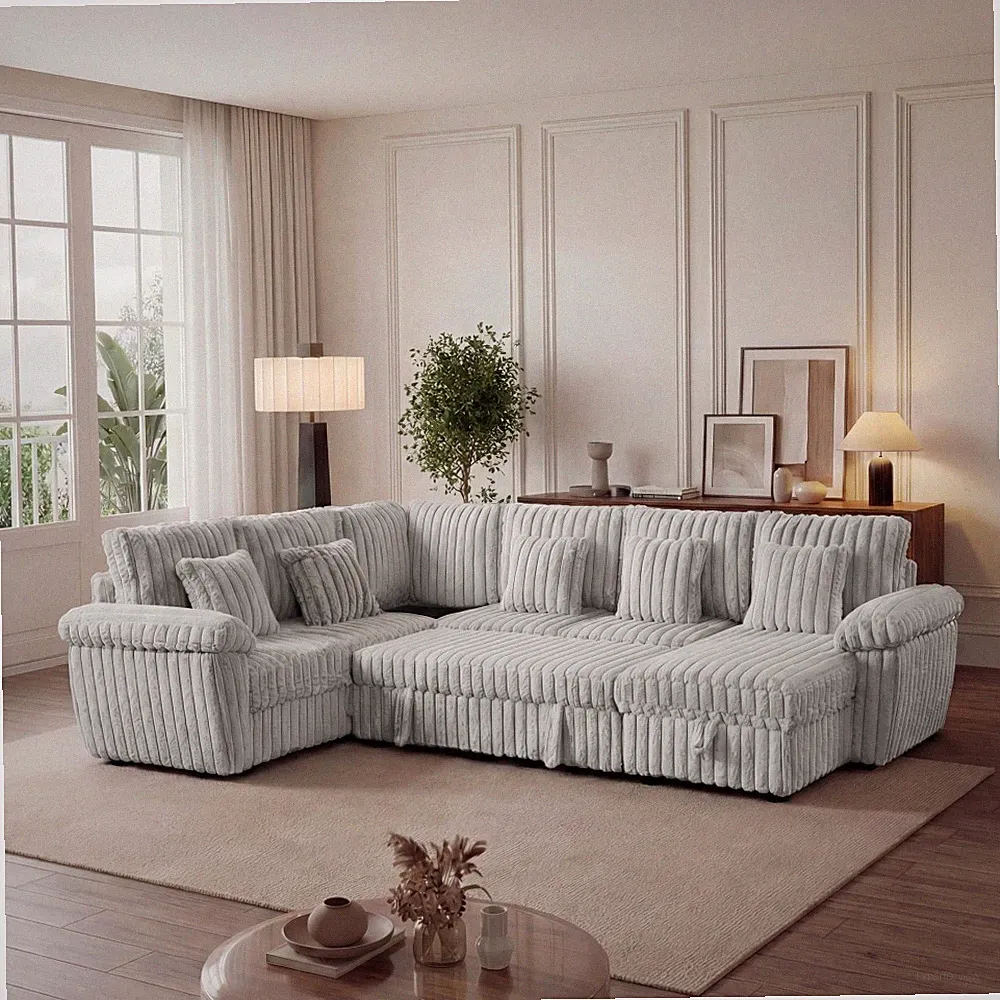 103" U-Shaped Corduroy Sectional Sofa with Storage & Pull-Out Bed