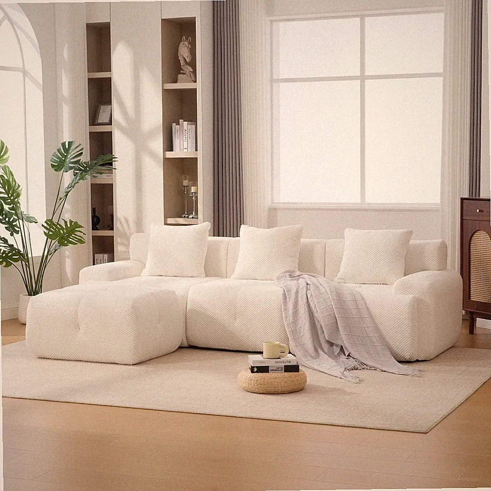 104.3" L-Shaped Modular Sectional Sofa w/ Ottoman & Pillows, Ivory