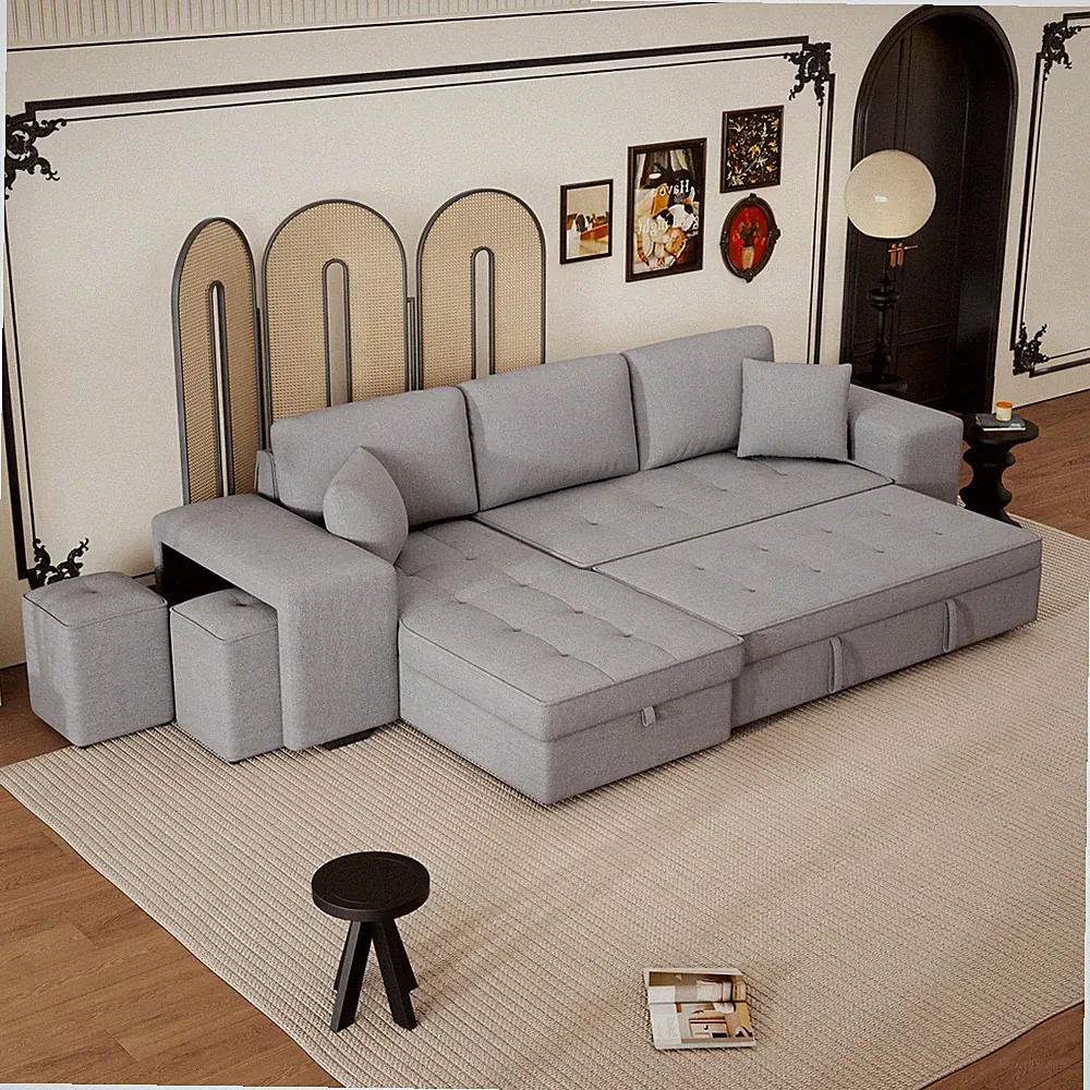 104.5" Pull Out Sleeper Sofa Reversible L-Shape 3 Seat Sectional Couch with St