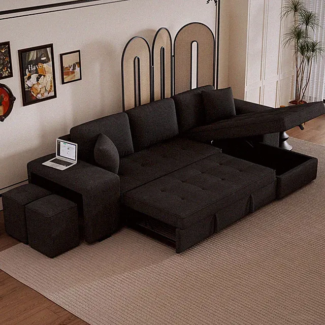 104.5" Reversible L-Shaped Sleeper Sofa with Storage Chaise & 2 Stools Linen