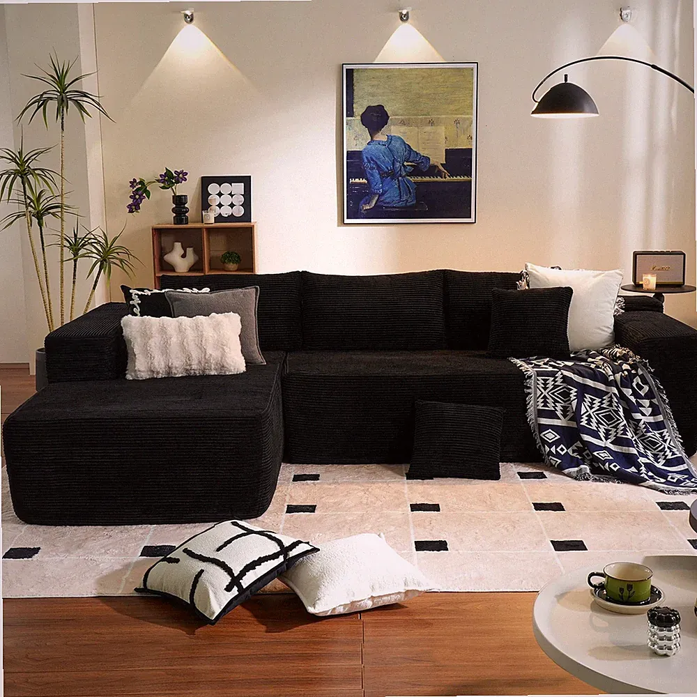 104" Boneless L-Shape Chaise Sectional Sofa Deep for Seat Black Corduroy No Asse